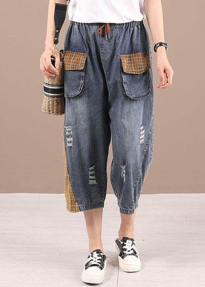 Blue High Waist Pockets Summer Denim Pants