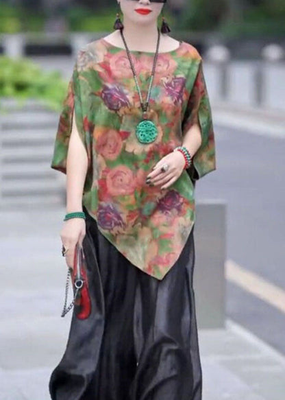 Green Asymmetrical Print Silk Shirt Tops Bracelet Sleeve
