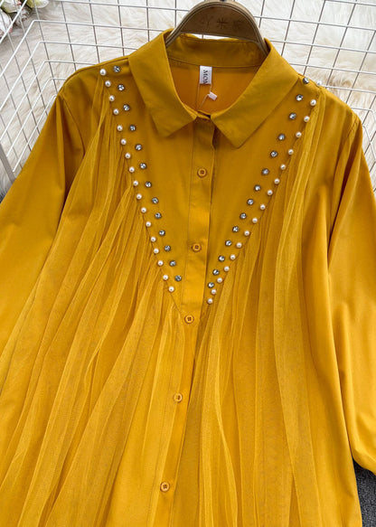 Yellow Peter Pan Collar Patchwork Button Tulle Shirts Long Sleeve