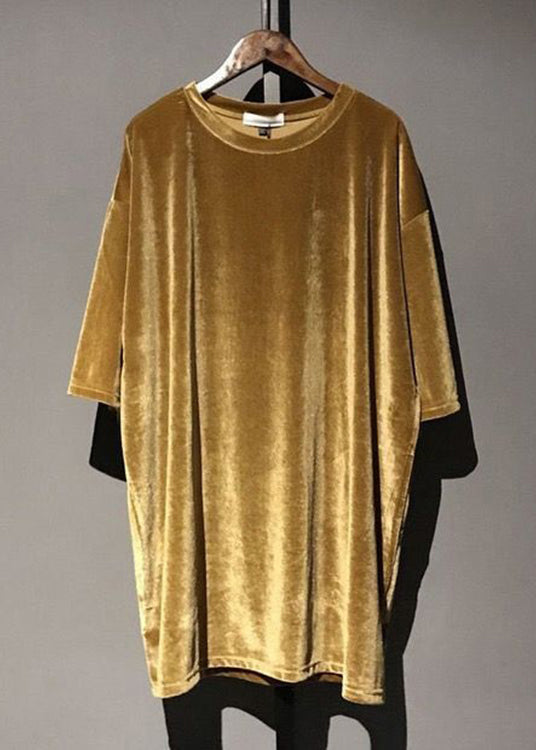 Yellow O Neck Patchwork Velour Mid Dress Half Sleeve