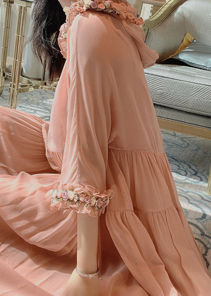 Simple Pink Wrinkled Hoold Silk Maxi Dresses Flare Sleeve