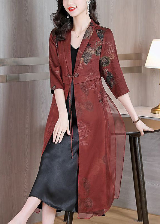 Brick Red Embroideried Silk Cardigans Bracelet Sleeve