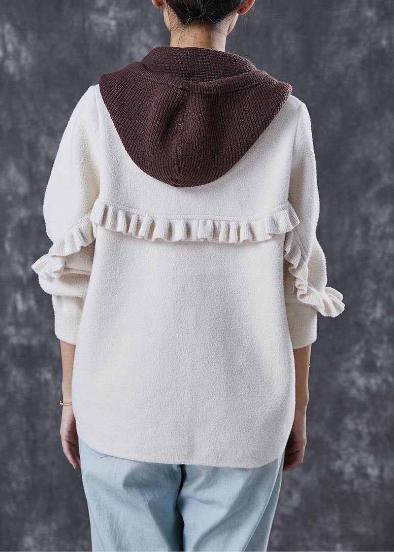 White Hooded Patchwork Ruffled Woolen Coats Spring