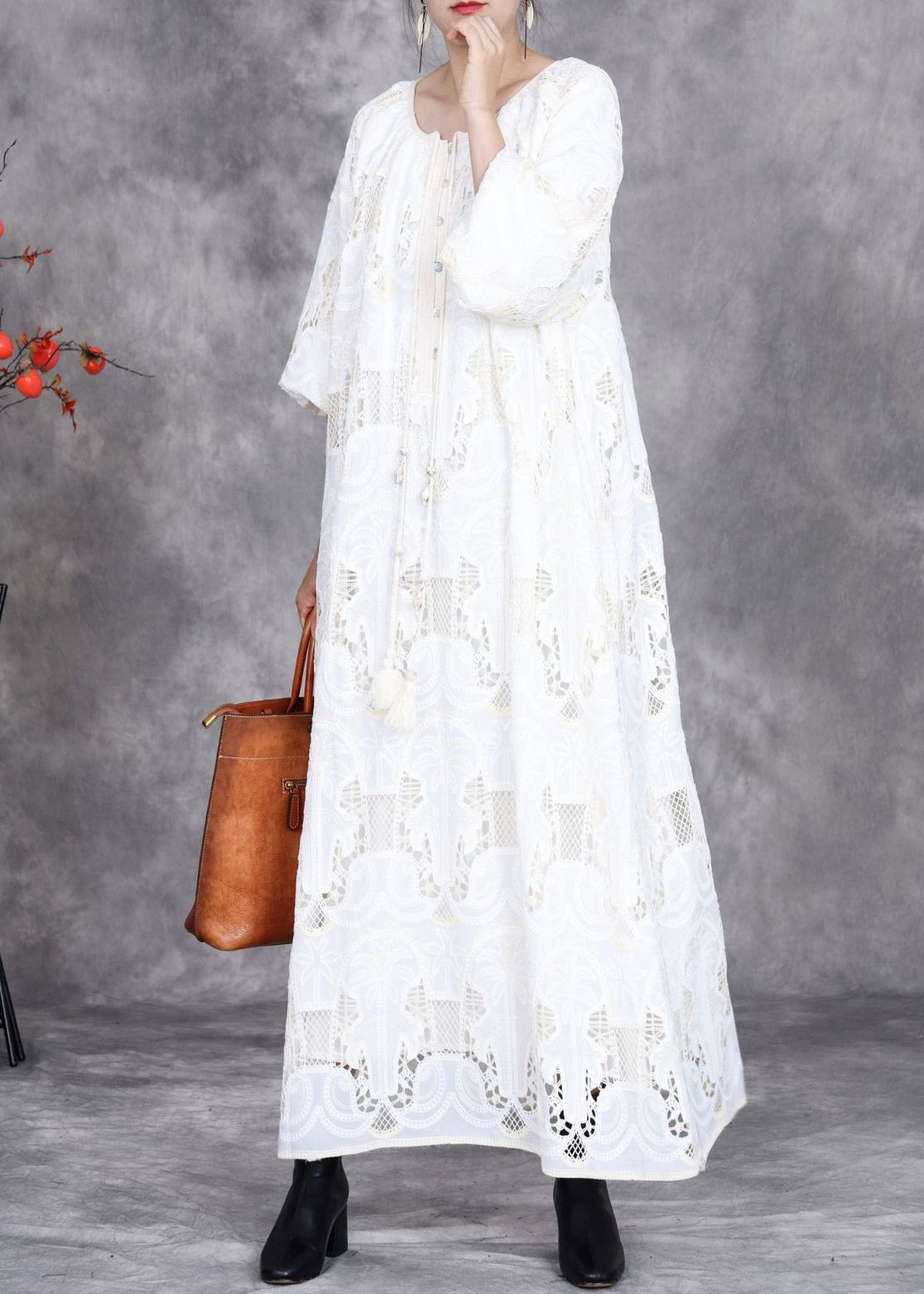 White Embroidered Hollow Out Long Dress Half Sleeve