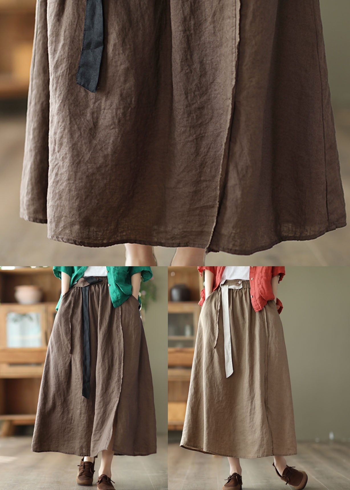 Chocolate Linen a Line Skirt Side Open Pockets Summer