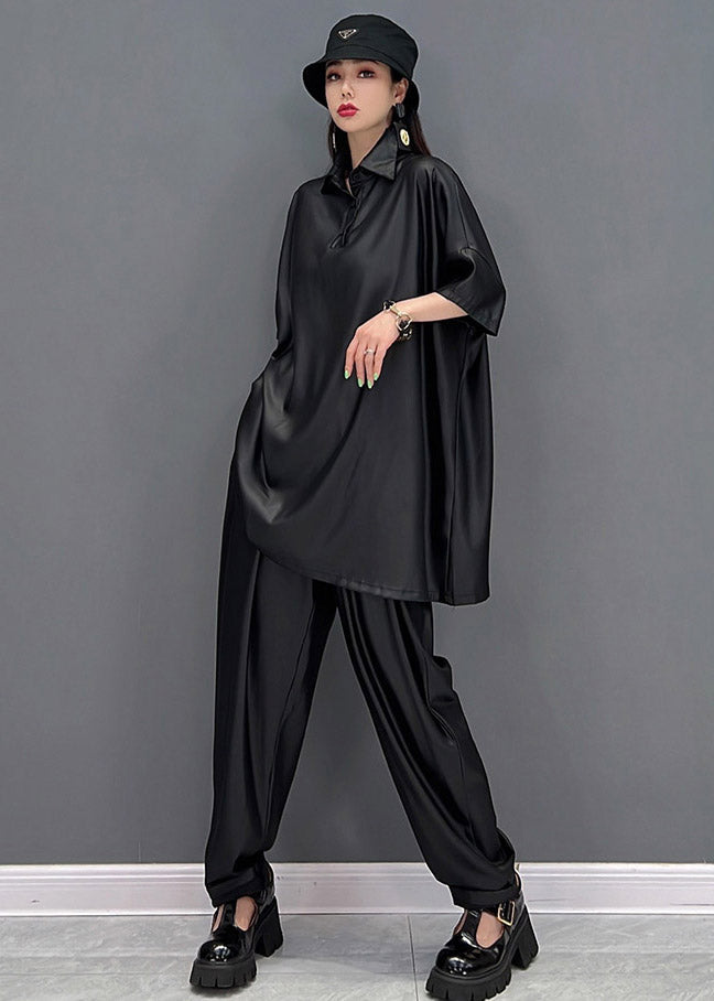 Black Peter Pan Collar T Shirt and Beam Pants Two Pieces Set Summer