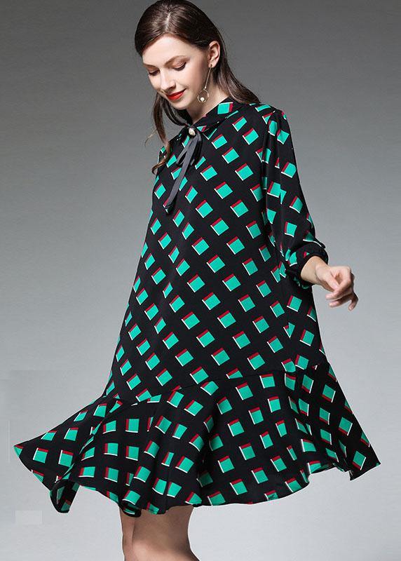 Green Plaid Chiffon Fall Zippered Party Dresses Half Sleeve