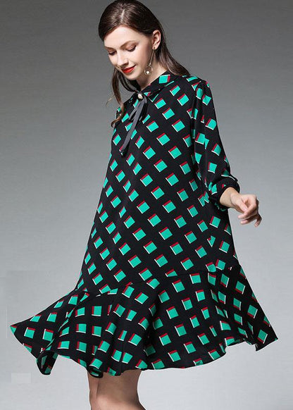 Green Plaid Chiffon Fall Zippered Party Dresses Half Sleeve