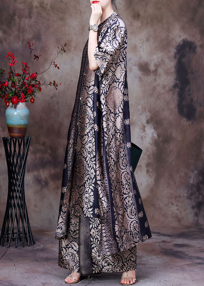 Black Asymmetrical Print Side Open Silk Long Top and Wide Leg Pant Two Piece Set Summer