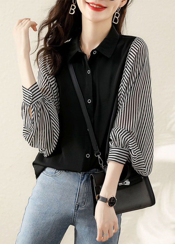 Modern Black Button Peter Pan Collar Striped Patchwork Shirt Top Long Sleeve