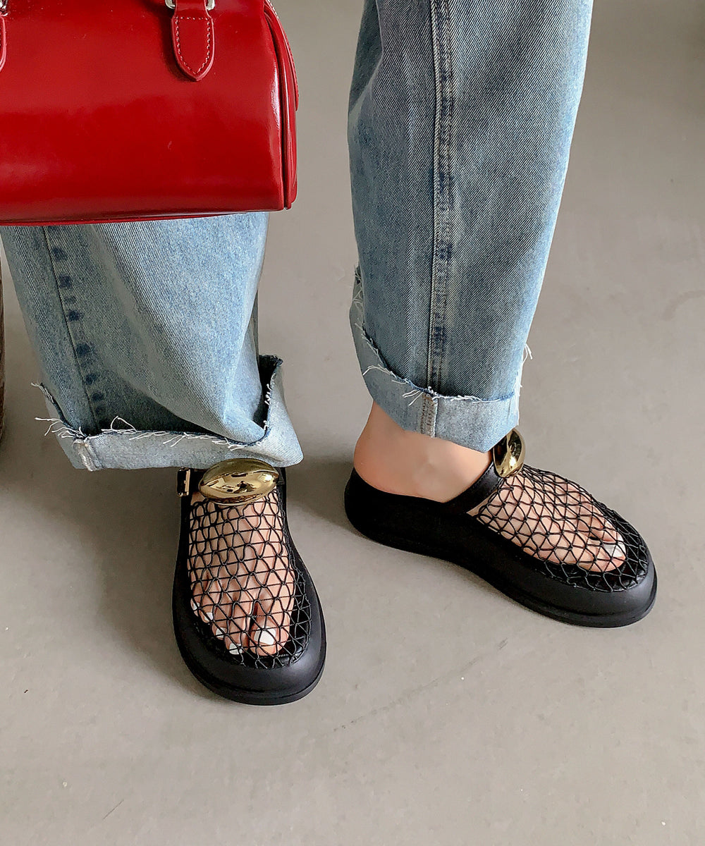 Black Hollow Out Breathable Mesh Platform Slide Sandals