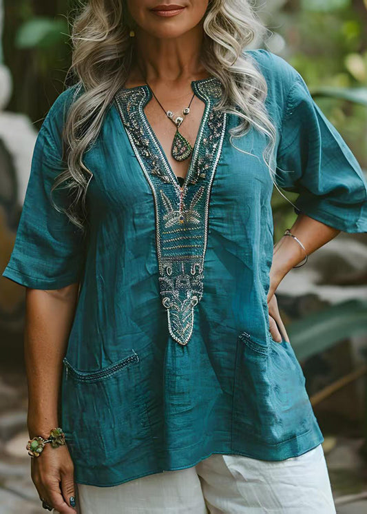 -blue-v-neck-print-pockets-plus-size-cotton-top-summer