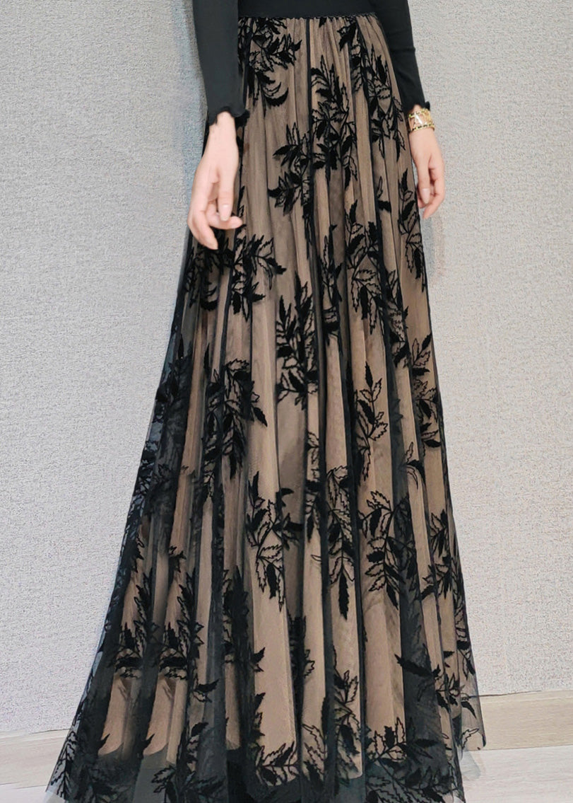 Novelty Chocolate Embroideried High Waist Draping Tulle Maxi Skirt Spring