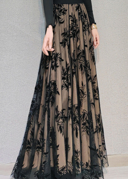 Novelty Chocolate Embroideried High Waist Draping Tulle Maxi Skirt Spring
