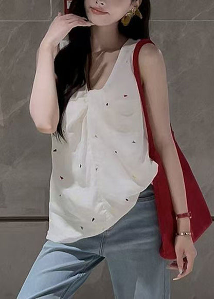 Pink V Neck Print Cotton Shirt Sleeveless