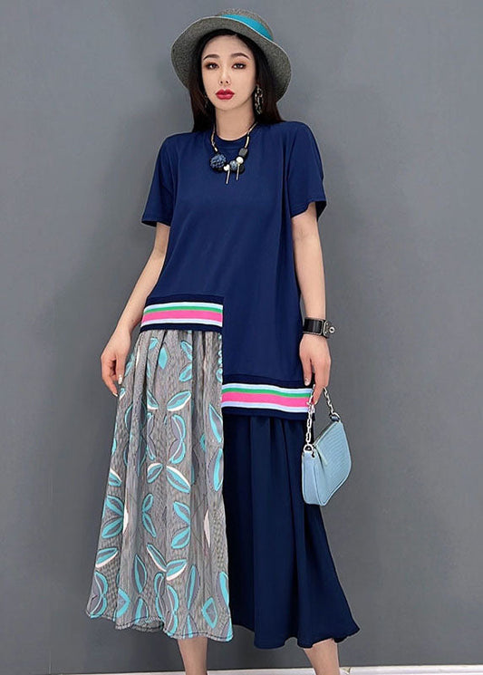 Blue O-neck Asymmetrical Design Cotton Maxi Dress Short Sleeve