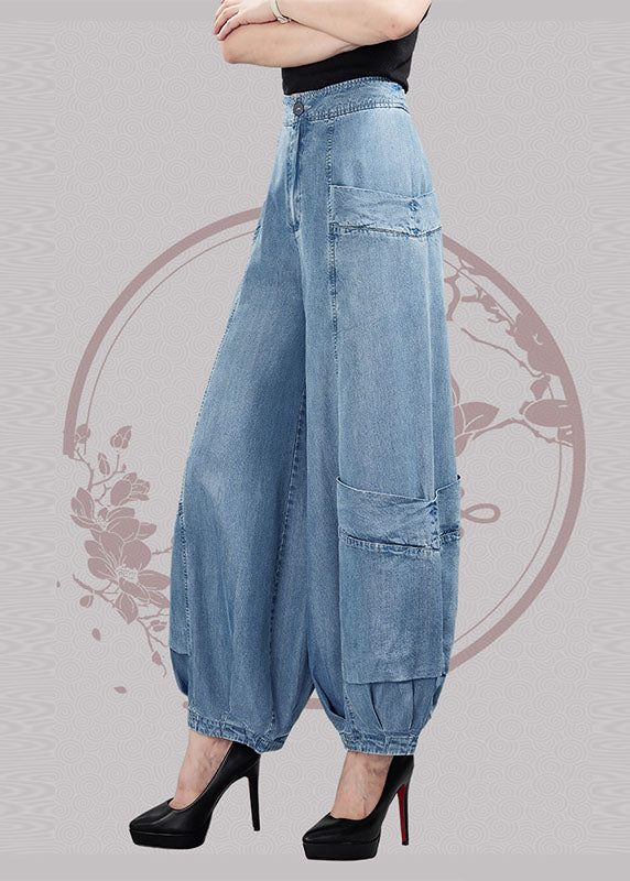 Light Blue High Waist Pockets Cotton Denim Lantern Pants Summer