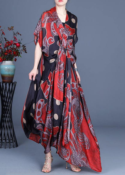 Art Red Dot Print Silk Two Pieces Set Summer Long Dress