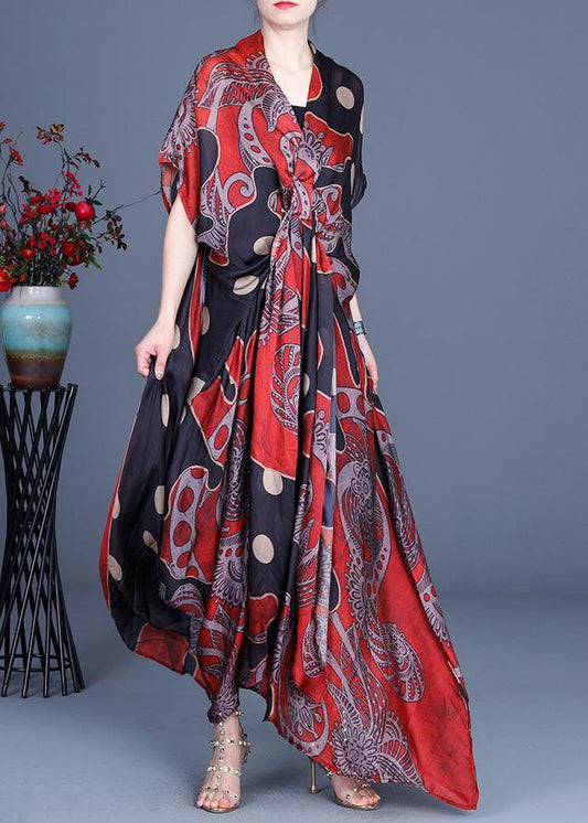Art Red Dot Print Silk Two Pieces Set Summer Long Dress