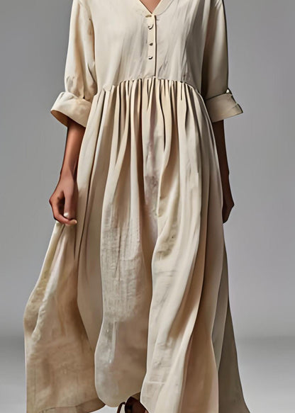 Beige V Neck Wrinkled Patchwork Cotton Dresses Summer