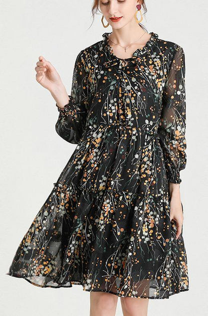 Black Yellow Print Bow Party Summer Chiffon Dress