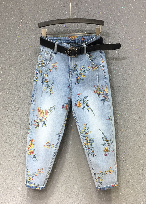 Light Blue Print Patchwork Crop Jeans Fall