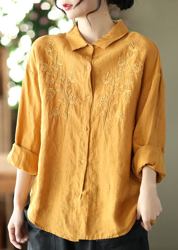 Simple Yellow Button Peter Pan Collar Embroideried Linen Blouse Top Long Sleeve