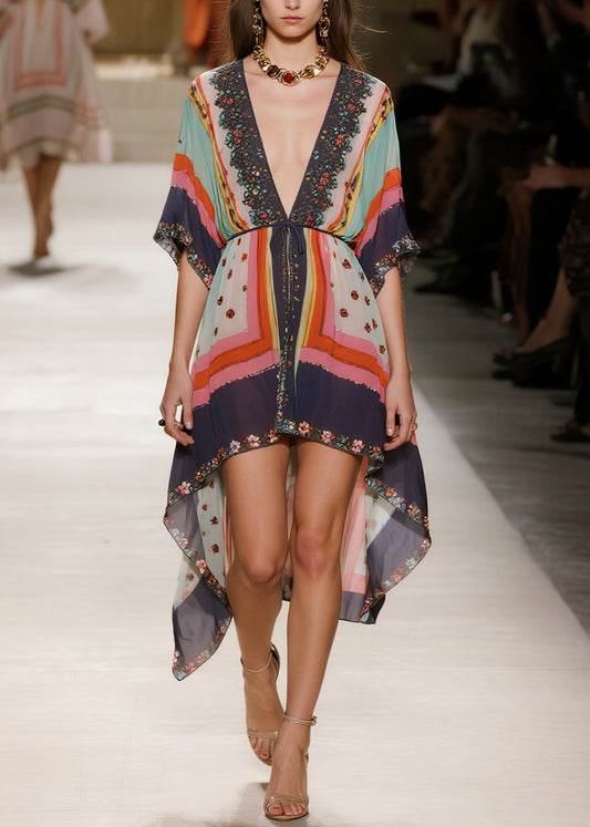 V Neck Print Low High Design Chiffon Dress Summer