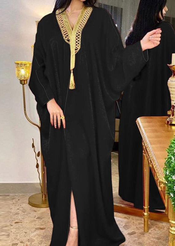 Blackish Green V Neck Patchwork Velour Maxi Dresses Batwing Sleeve