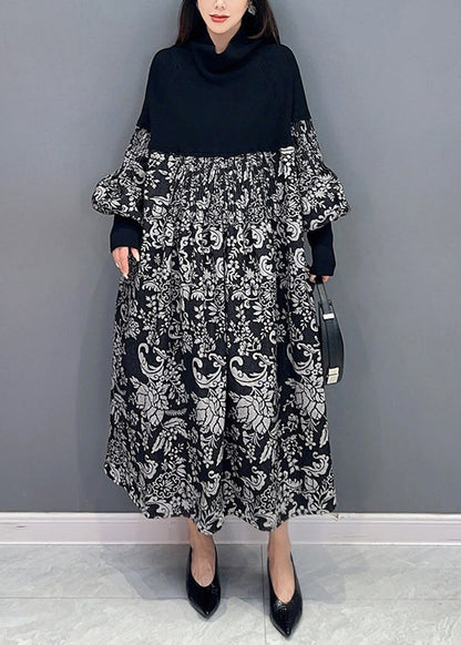 French Black Print Pockets Knit Patchwork Dress Long Sleeve