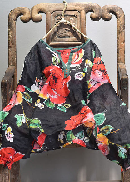 Black V Neck Print Linen Blouse Top Lantern Sleeve
