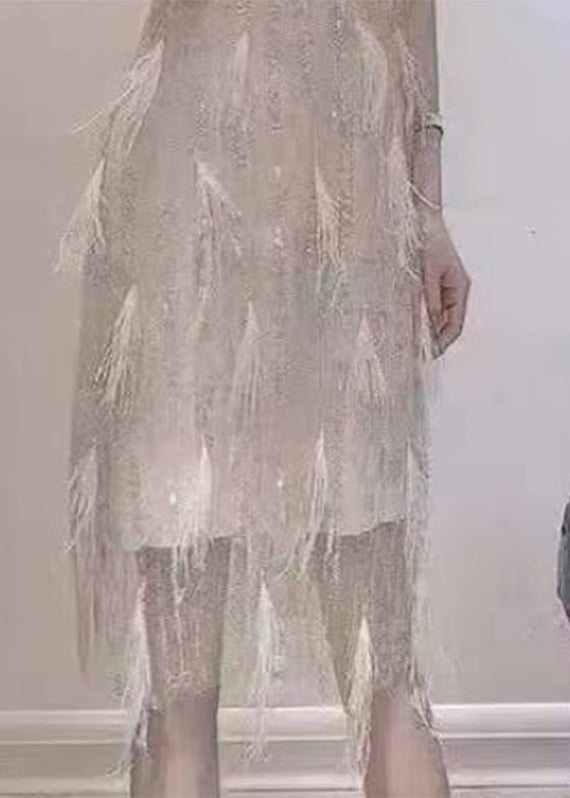 Dinner Beige O-neck Tassel Lace Maxi Dresses Summer