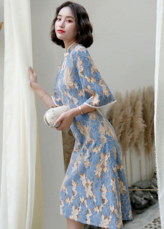 Blue Stand Collar Button Lace Cheongsam Dress Half Sleeve