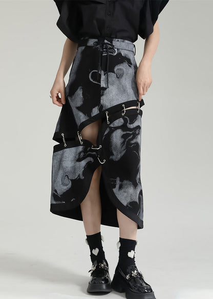 Grey Asymmetrical Print Pockets Patchwork Cotton Skirt Fall