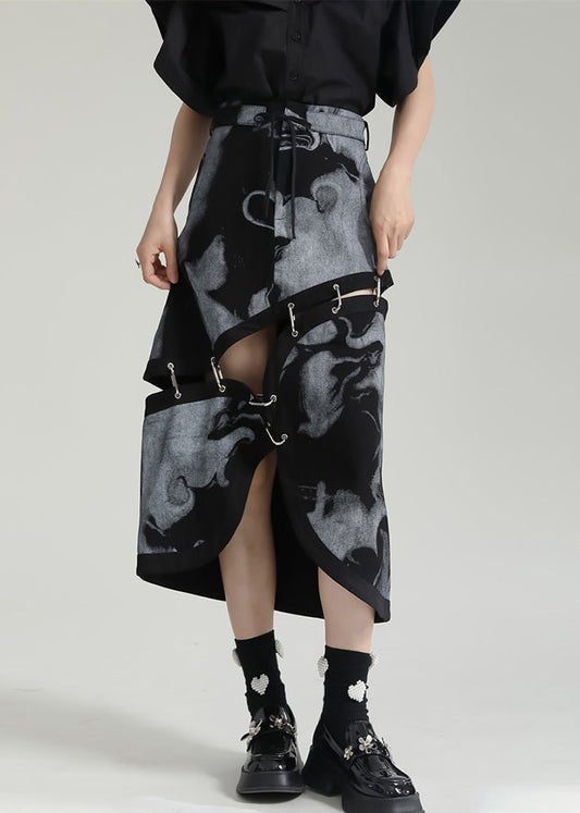 Grey Asymmetrical Print Pockets Patchwork Cotton Skirt Fall