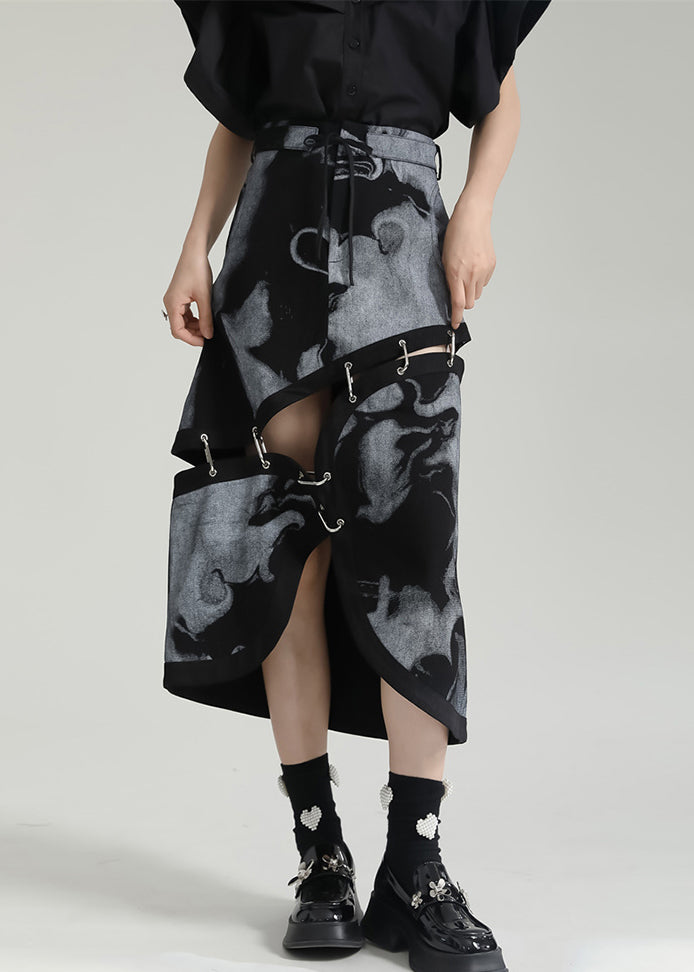 Grey Asymmetrical Print Pockets Patchwork Cotton Skirt Fall