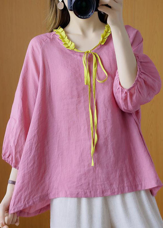 French Pink Ruffled Tie Asymmetrical Design Fall Shirt Three Quarter Sleeve