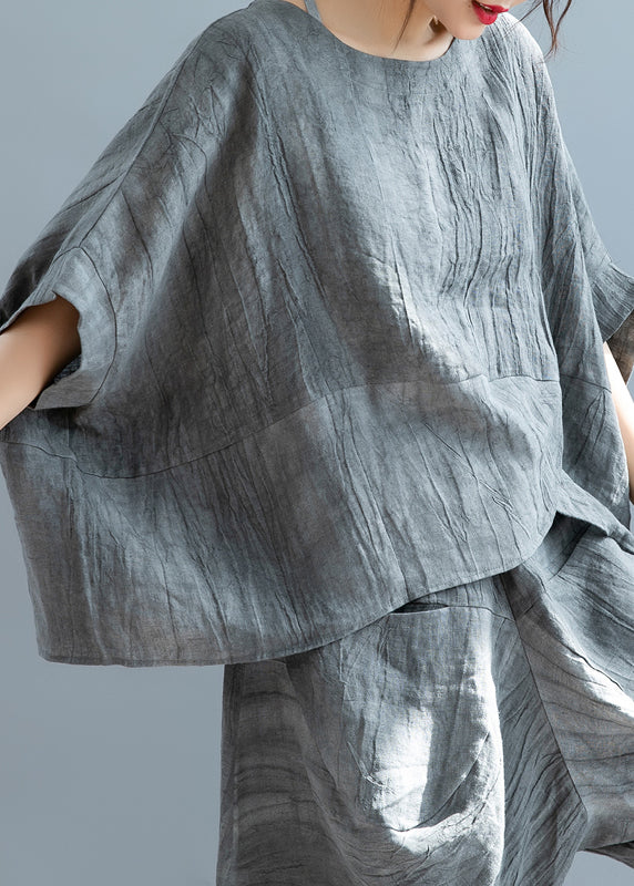 Classy Grey Asymmetrical Wrinkled Linen Two Piece Set Short Sleeve