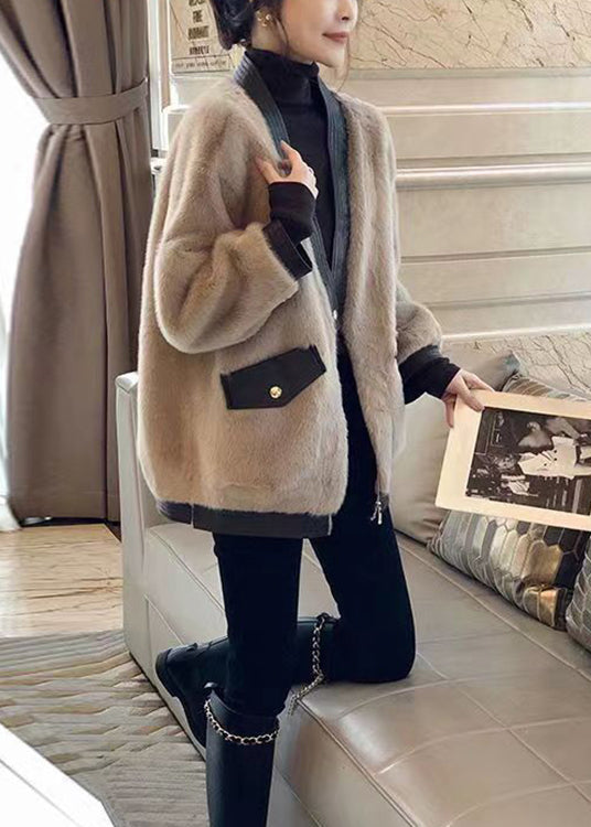 New Khaki Zippered Pockets Patchwork Leather and Fur Coat Winter