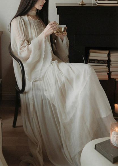 White Wrinkled Silk Cotton Long Dress Flare Sleeve