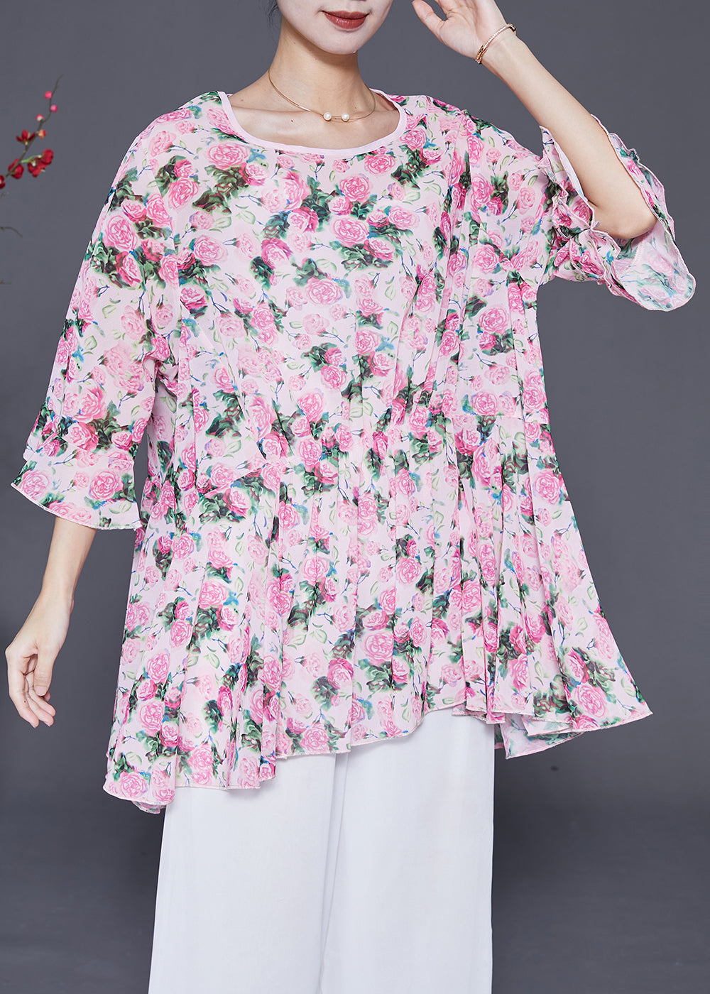 Pink Oversized Print Chiffon Tops Flare Sleeve