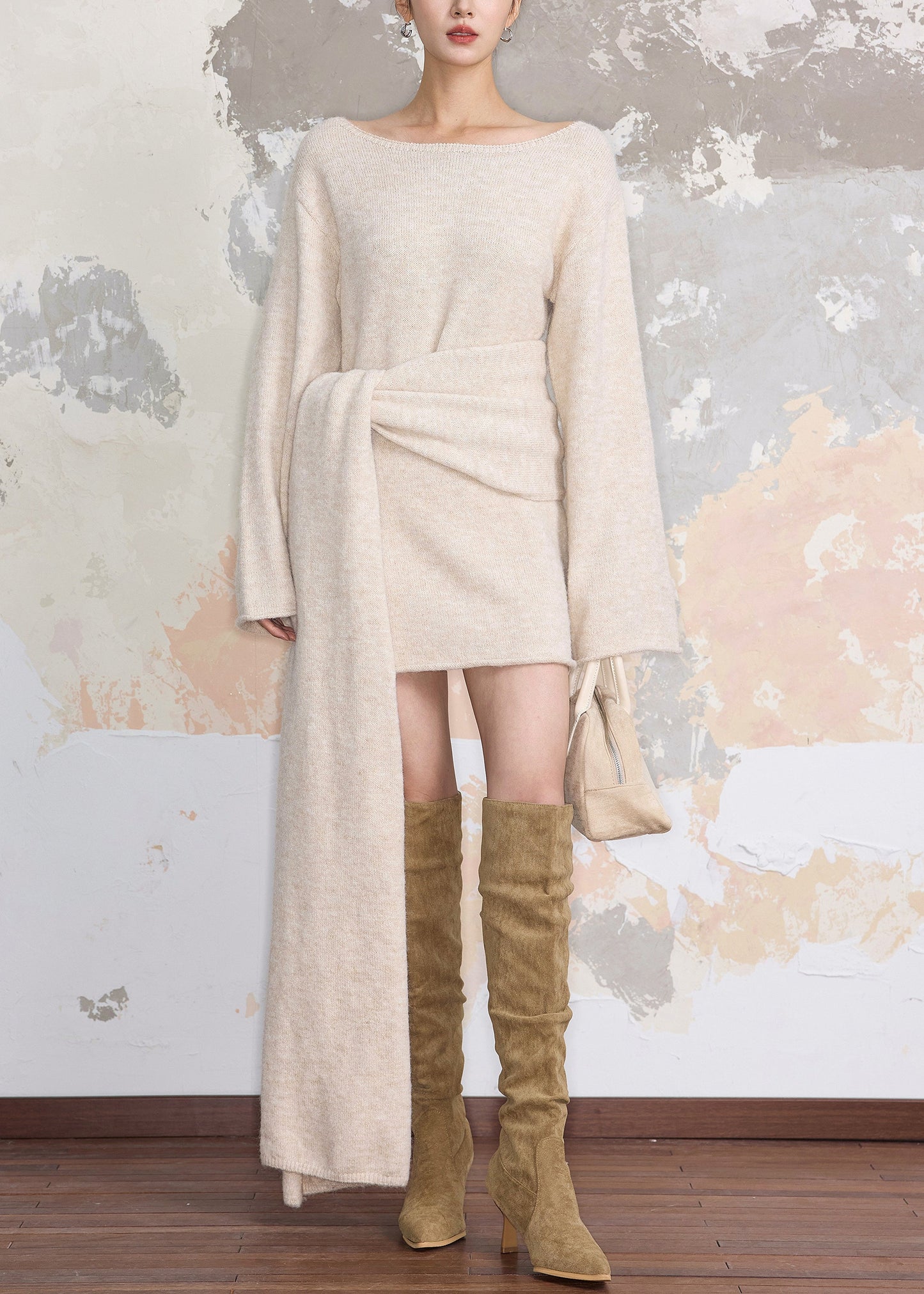 Beige Cozy Tie Waist Knit Sweater Dress Fall