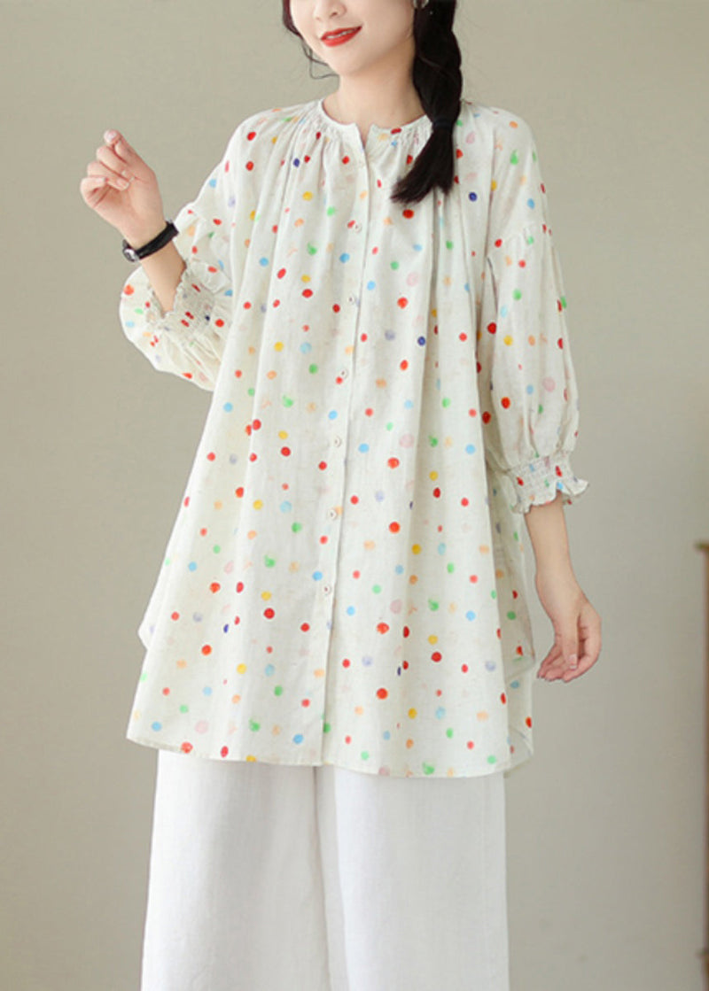 Beige O Neck Print Wrinkled Cotton Shirt Tops Summer