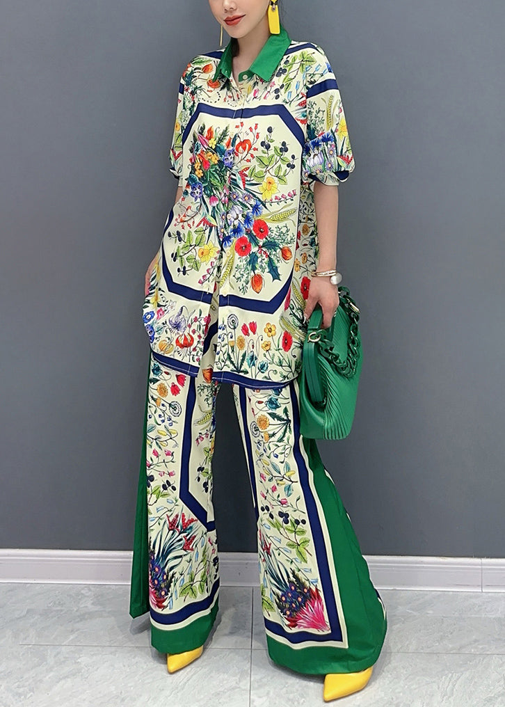 French Green Print Tops and Wide Leg Pants Cotton Two Pieces Set Summer