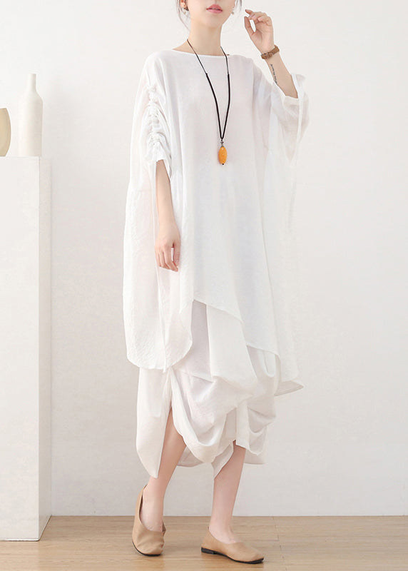 White O-neck Drawstring Cotton Pullover Tops Summer