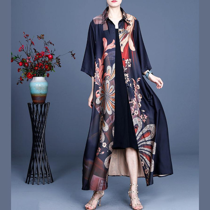 Black Print Button Silk Cardigan Long