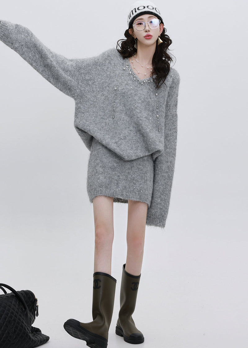 Grey Cozy Knit Two Piece Set Clothing Sequins Winter