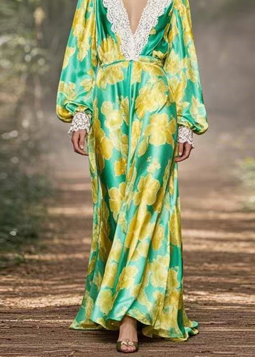Green V Neck Print Lace Patchwork Silk Dress Spring
