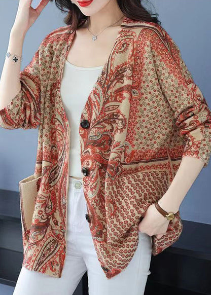Orange V Neck Print Button Mink Hair Knitted Coat Fall
