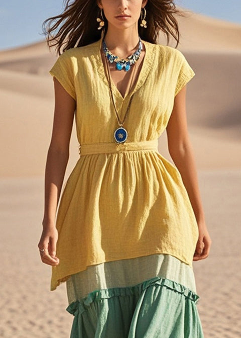 Yellow V Neck Patchwork Cotton Vacation Dresses Summer